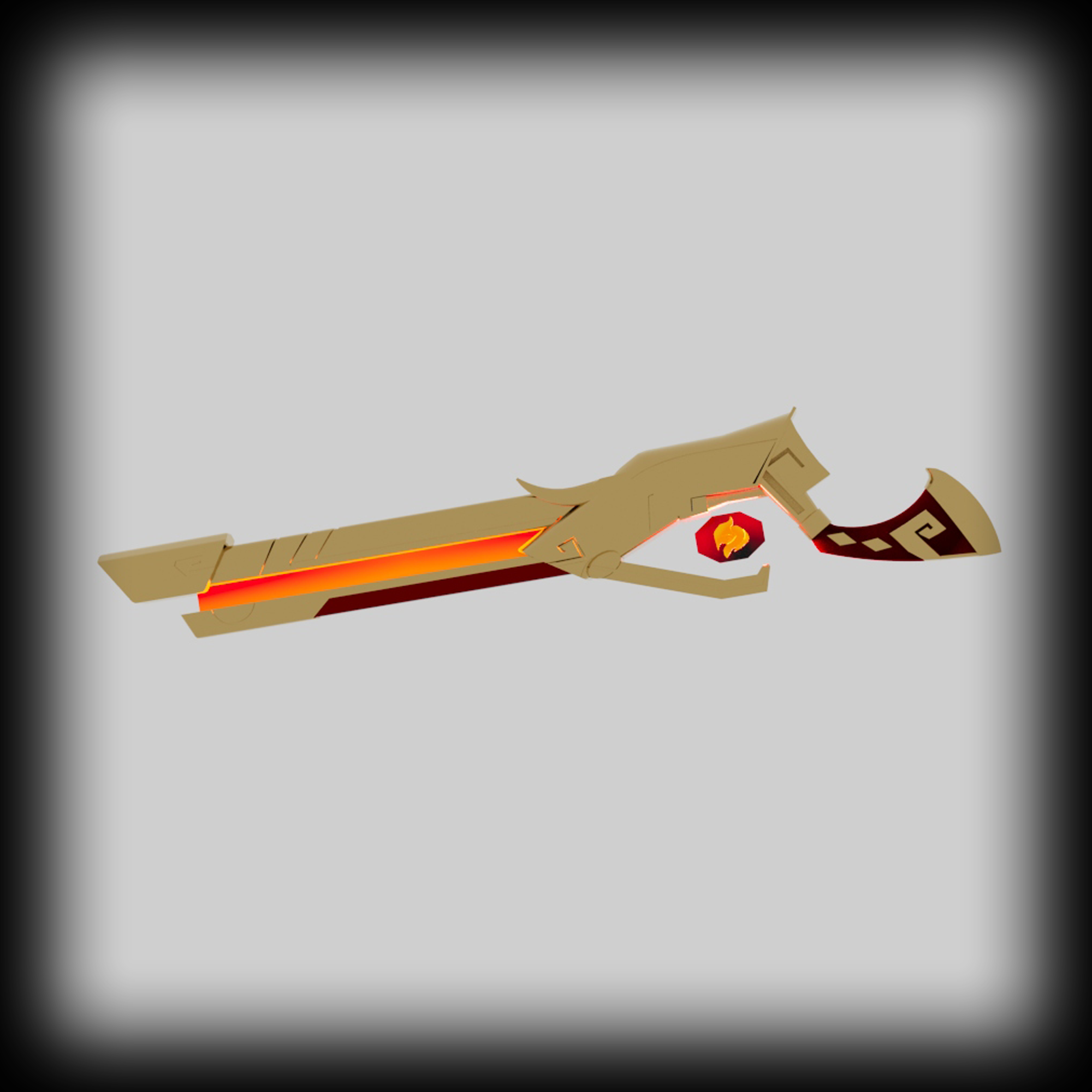 A gold rifle with a red barrel